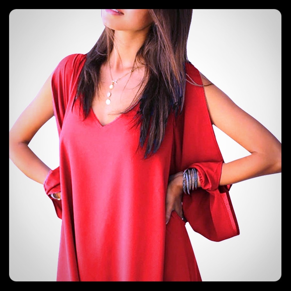 ⭐️NWT: Red ❤️Hot Chiffon V-Neck A-Line Dress